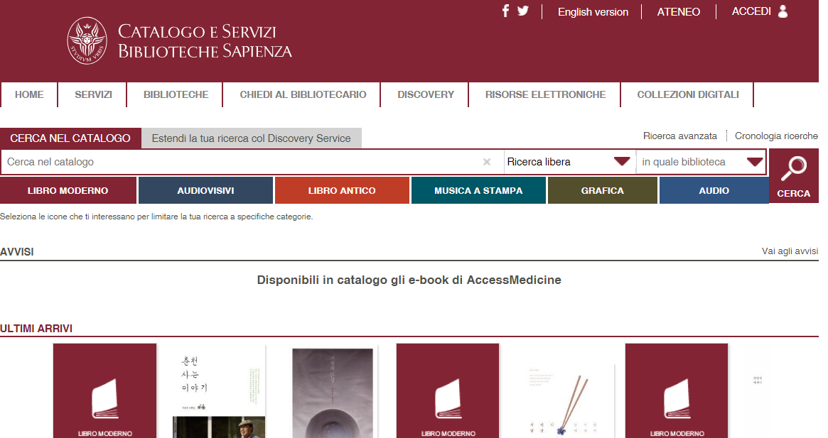 Immagine del catalogo elettronico delle biblioteche Sapienza